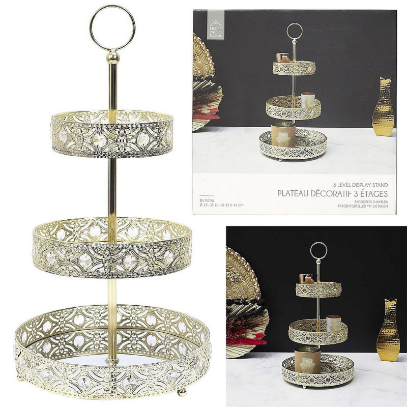 PLATEAU DECORATIF METAL DORE 3 ETAGES