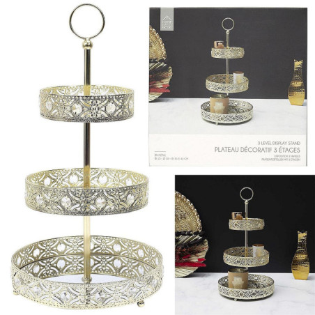 PLATEAU DECORATIF METAL DORE 3 ETAGES