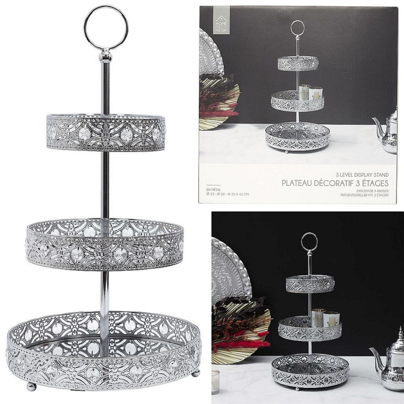 PLATEAU DECORATIF METAL ARGENTE 3 ETAGES