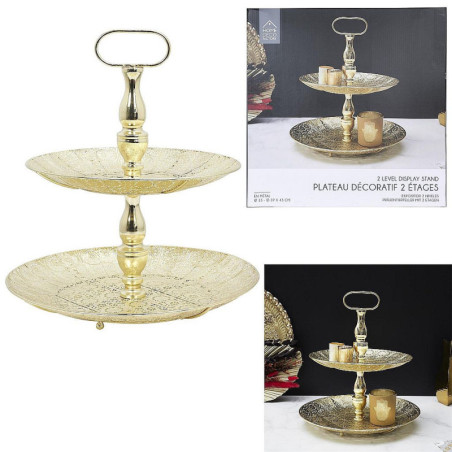 PLATEAU DECORATIF METAL DORE 2 ETAGES