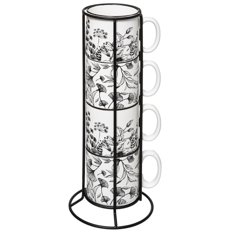 COFFRET RACK 4 MUGS WHITE FLORAL 24 CL
