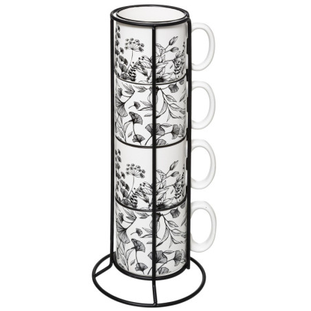 COFFRET RACK 4 MUGS WHITE FLORAL 24 CL