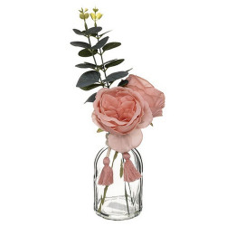 COMPOSITION DE FLEURS 30 CM ET VASE EN VERRE