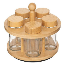 RACK 5 POT A EPICES BOIS ET VERRE ET SUPPORT BAMBOU
