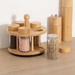 RACK 5 POT A EPICES BOIS ET VERRE ET SUPPORT BAMBOU