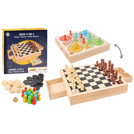 COFFRET 3 JEUX DE SOCIETE 29.5*29.5 CM BOIS