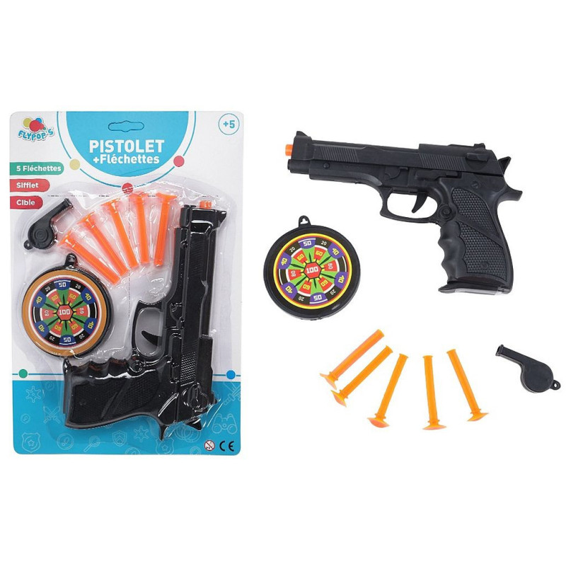 PANOPLIE PISTOLET 21 CM LANCE FLECHETTES AVEC SIFFLET ET CIBLE