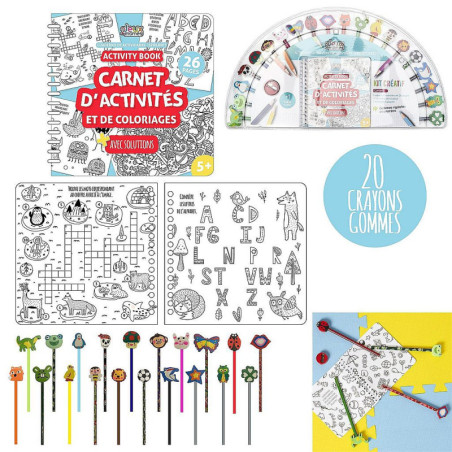 COFFRET CAHIER D ACTIVITES 20 CRAYONS ET 20 GOMMES